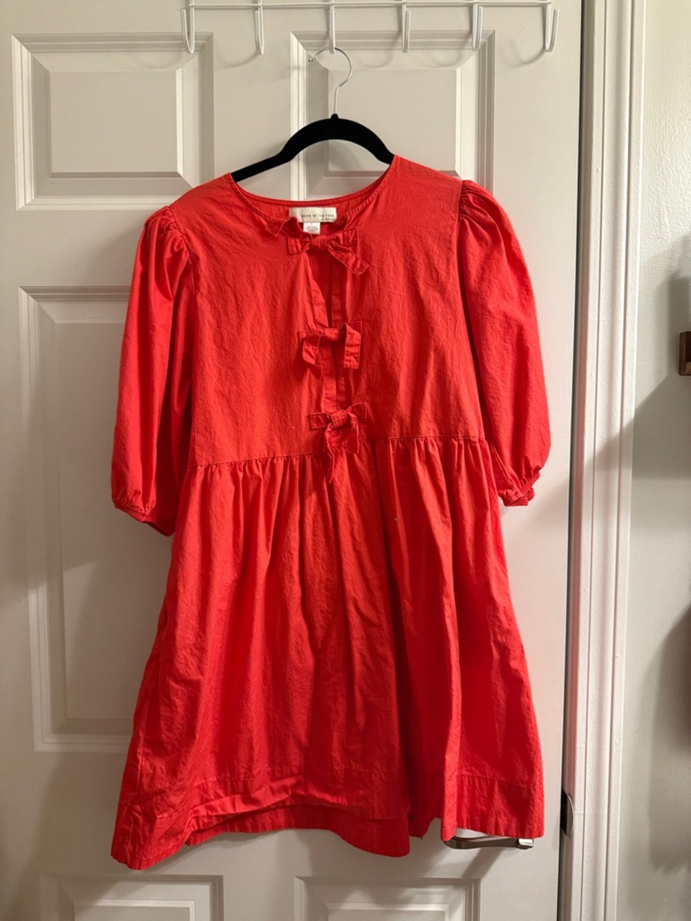 Bow-Front Puff Sleeve Mini Dress in Bright Coral